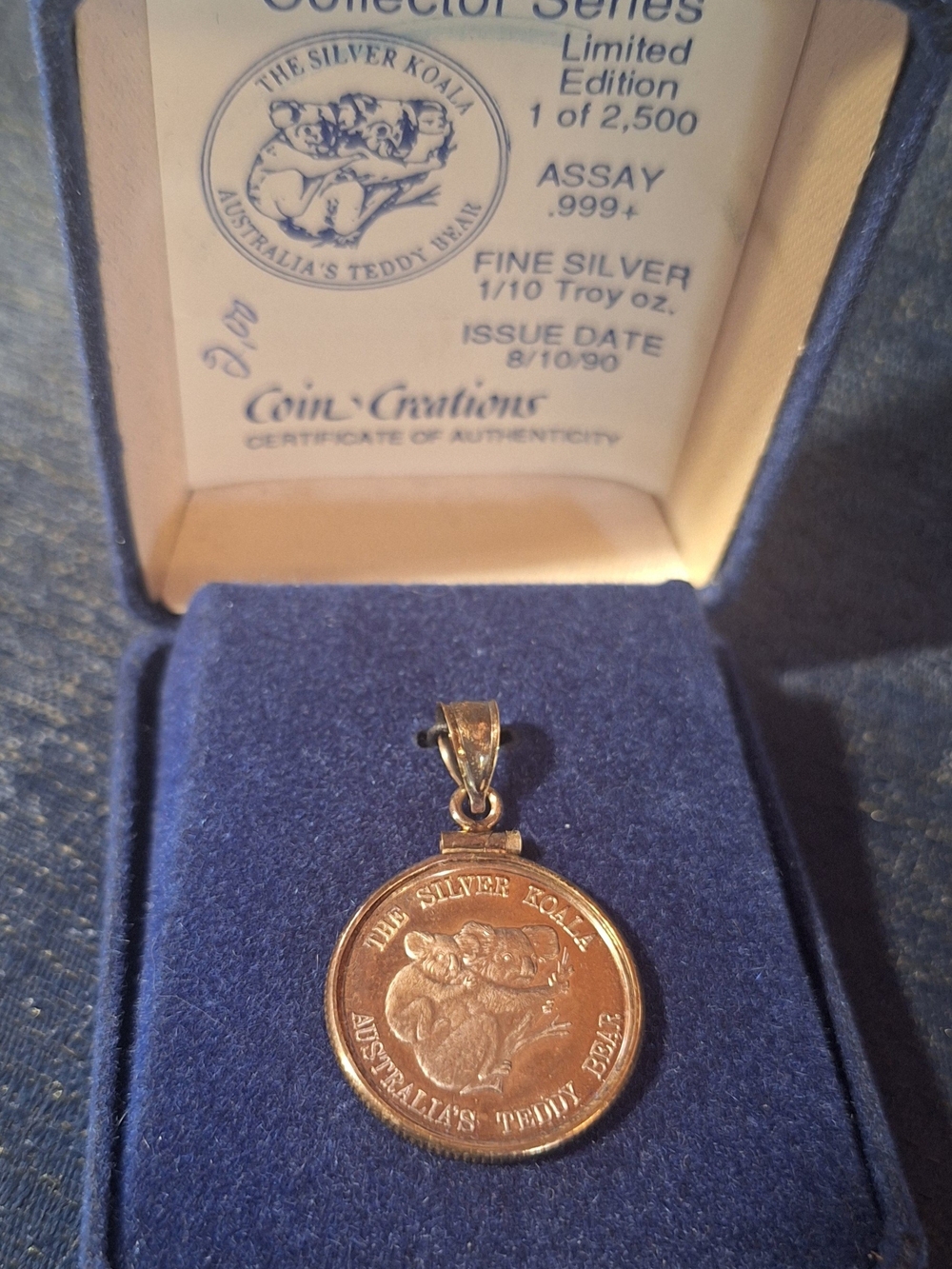 Collectors Series Silver 1/10 Troy Ounce Australian Koala Coin Pendant